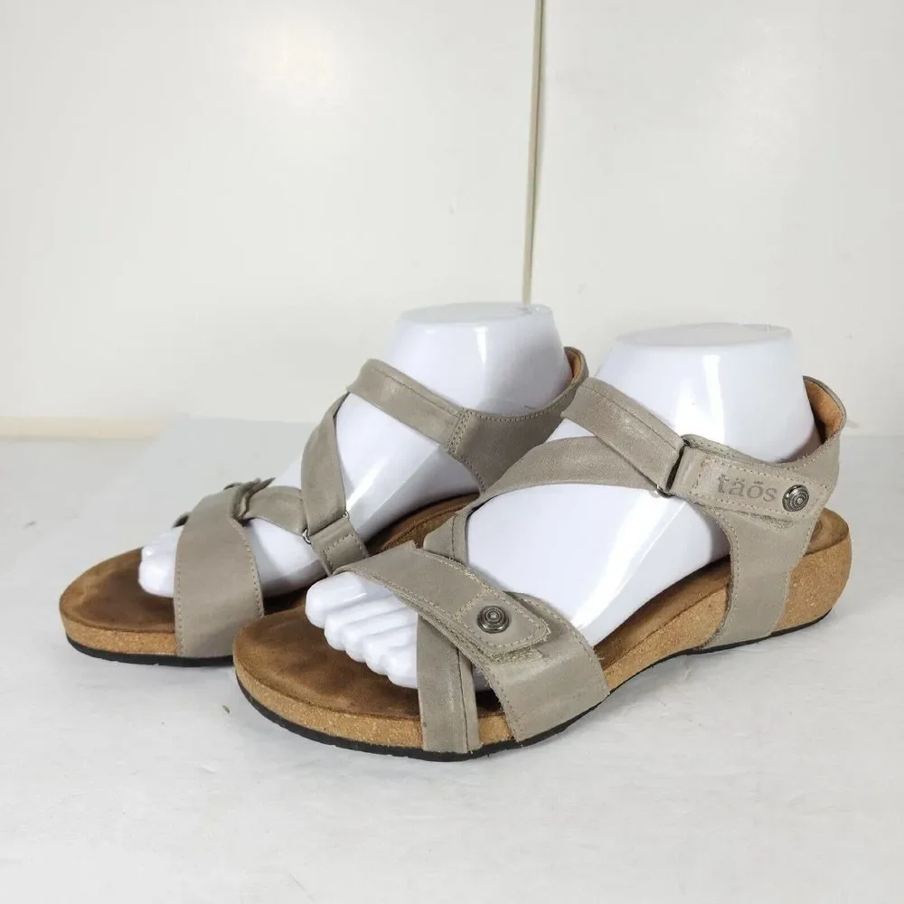 Taos Women’s Trulie US8-8,5 Taupe Leather Woven Wedge CrissCros Strappy Sandal